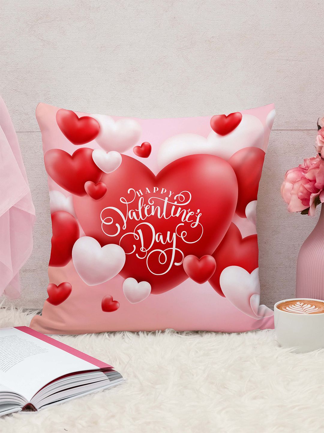 STITCHNEST White & Red Square Cushion Cover