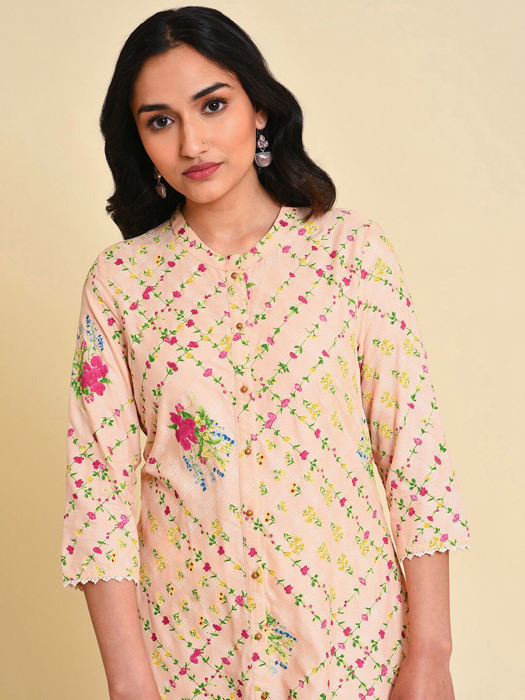 W Women Floral Printed Thread Work A-Line Kurta with Trousers