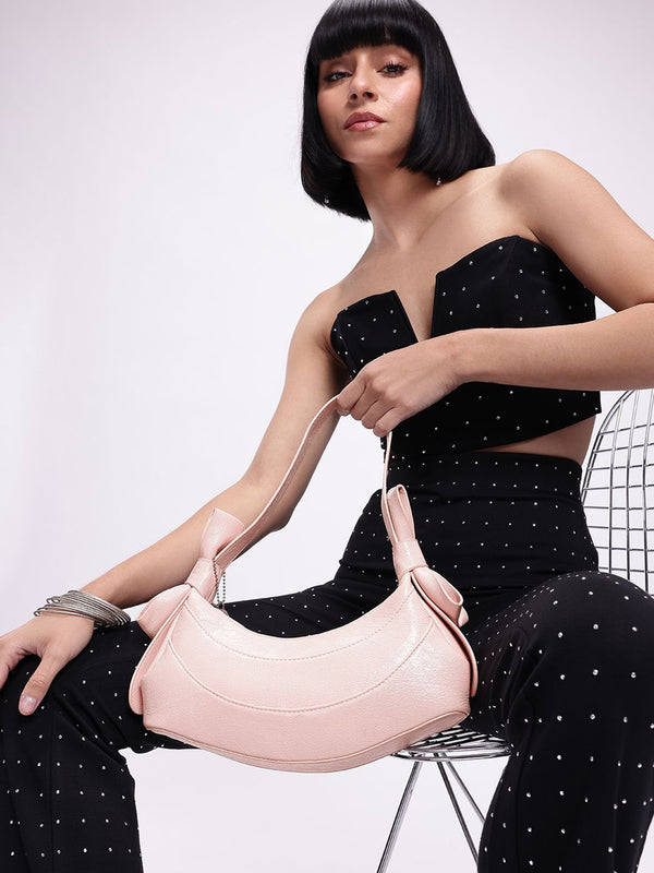 DressBerry Textured Half Moon Shoulder Bag with Bow Detail