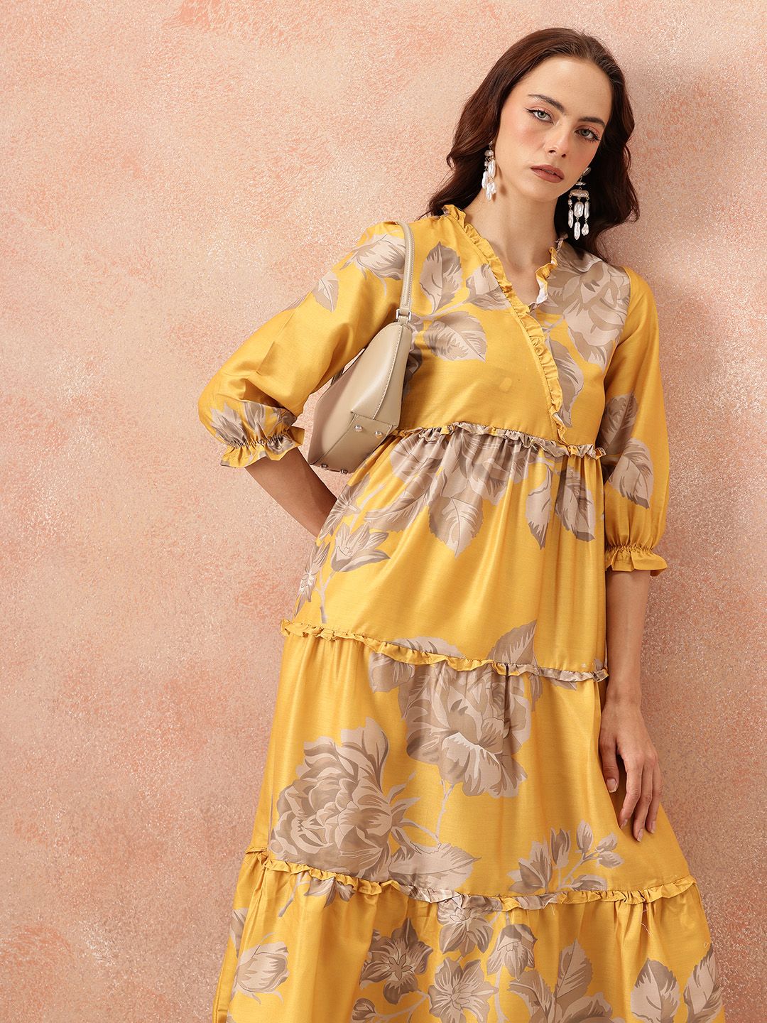 all about you Floral Printed Ruffled Detail Tiered Wrap-Style Midi Fit & Flare Dress
