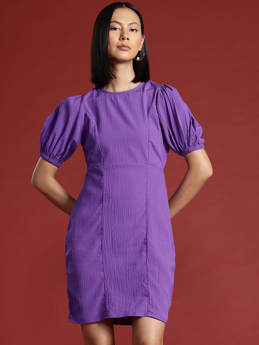 all about you Crinkled Cut-Out Back Puff Sleeve A-Line Dress