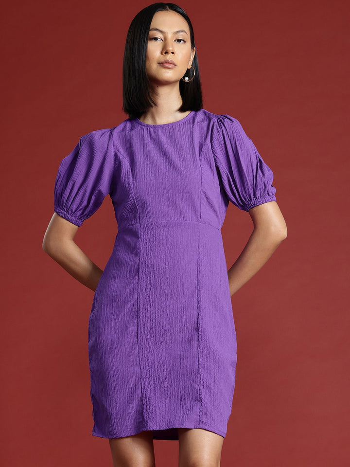 all about you Crinkled Cut-Out Back Puff Sleeve A-Line Dress
