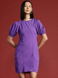 all about you Crinkled Cut-Out Back Puff Sleeve A-Line Dress