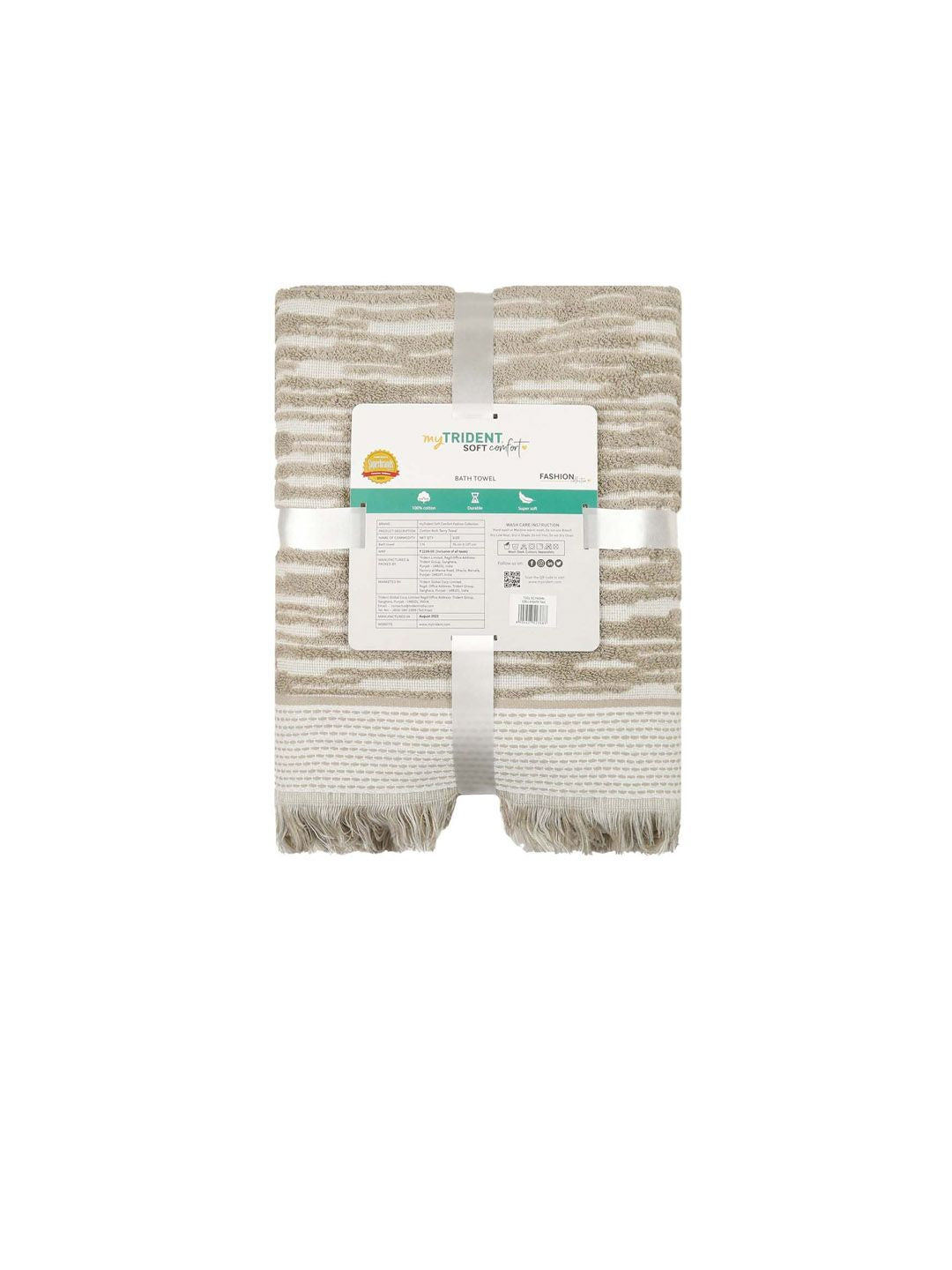 MYTRIDENT Beige & White Striped Printed Cotton 500 GSM Bath Towel