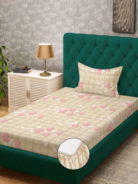 KLOTTHE Beige & Pink Pure Cotton 400 TC Fitted Single Bedsheet With Pillow Cover