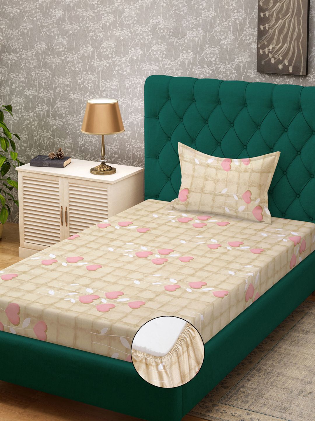 KLOTTHE Beige & Pink Pure Cotton 400 TC Fitted Single Bedsheet With Pillow Cover
