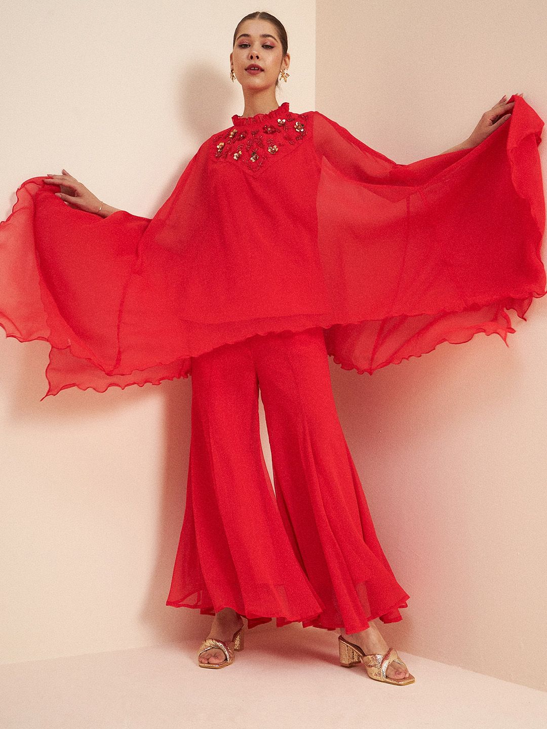Antheaa Red Round Neck Embellished Co-Ords Set