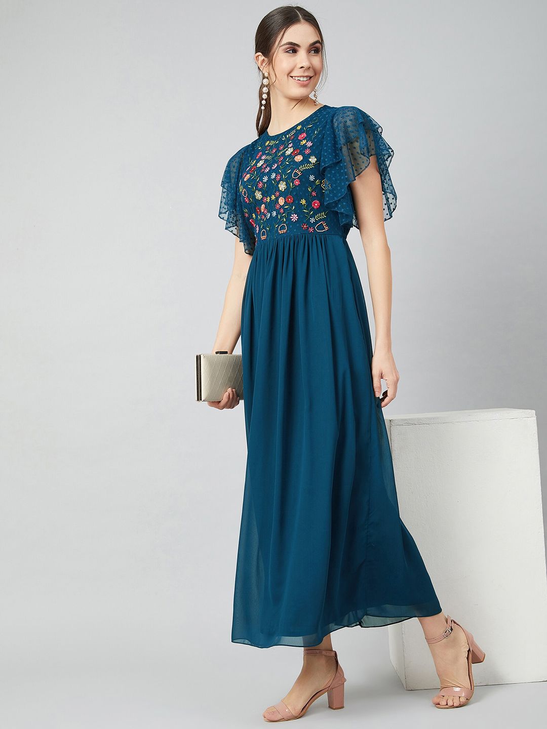 Athena Blue Embroidered Maxi Dress