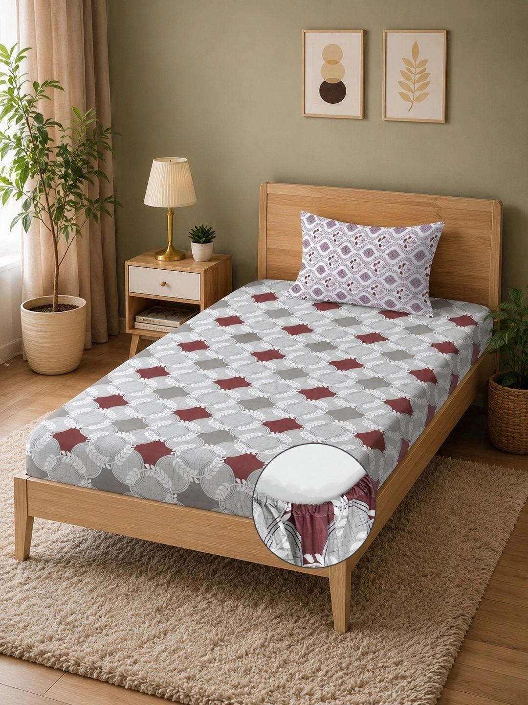 Moda Rapido X KLOTTHE Grey & Maroon Geometric 400 TC Single Bedsheet with 1 Pillow Covers
