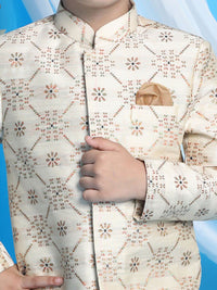 VASTRAMAY Boys Beige & Rose Gold-Coloured Woven Design Sherwani Set