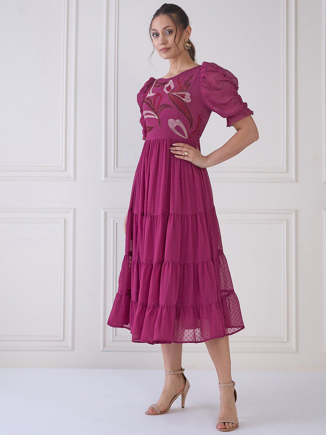 Antheaa Embroidered Round Neck Puff Sleeve Fit & Flare Midi Dress