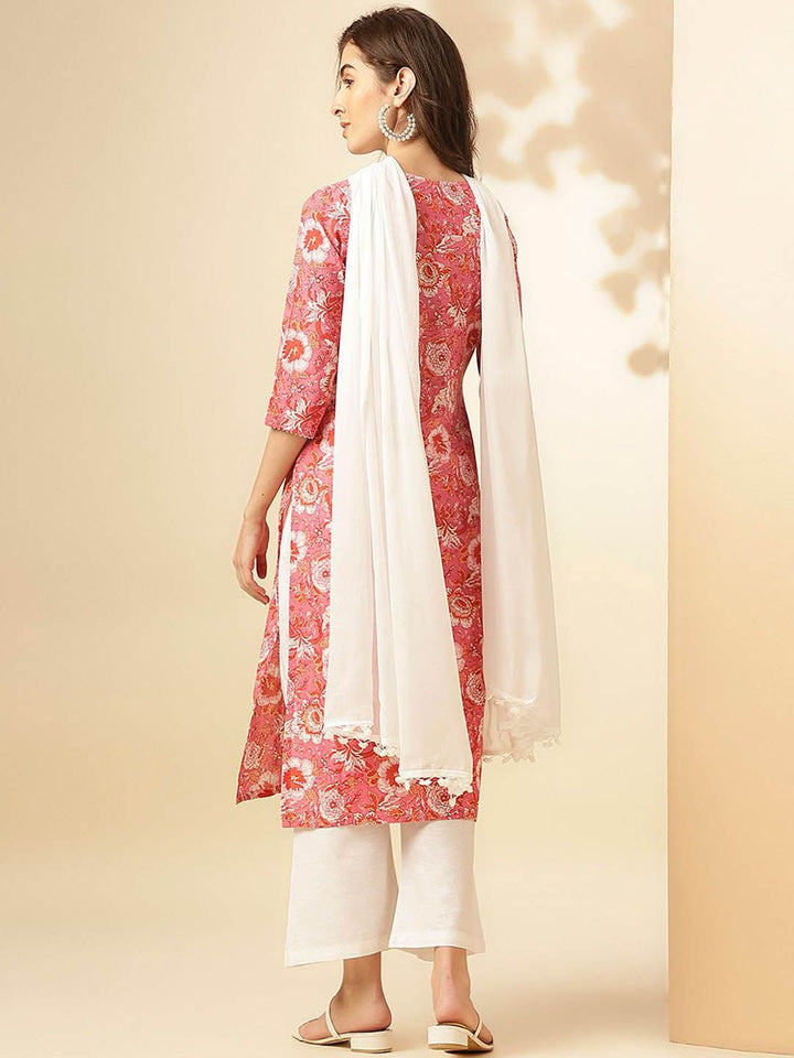 KALINI Floral Printed Notch Neck Pure Cotton Straight Kurta With Trousers & Dupatta