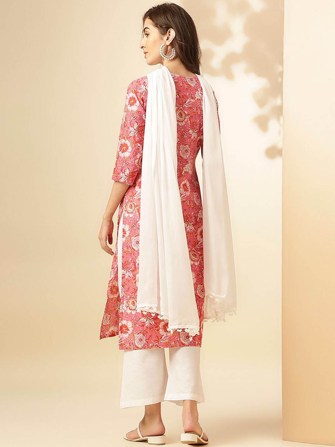 KALINI Floral Printed Notch Neck Pure Cotton Straight Kurta With Trousers & Dupatta
