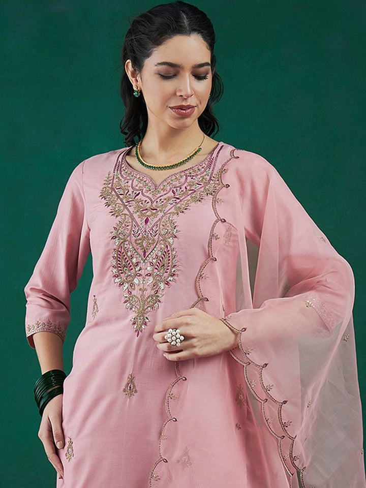 Indo Era Embroidered Regular Sequinned Straight Kurta With Trousers & Dupatta