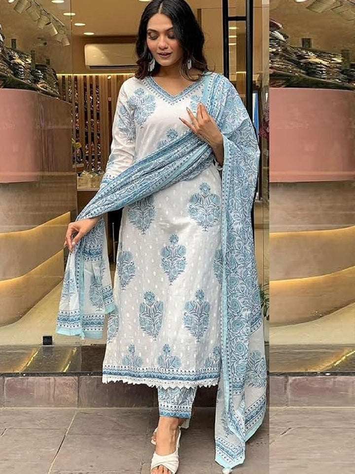 KALINI Floral Printed V-Neck Straight Kurta With Trousers And Dupatta