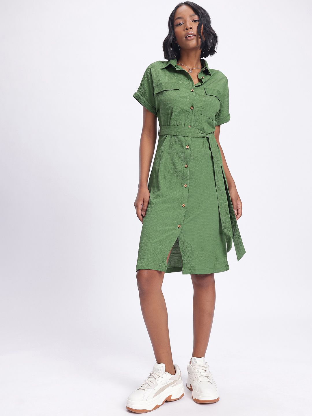 DressBerry Pastel Dreams Textured Belted Shirt Style Dress