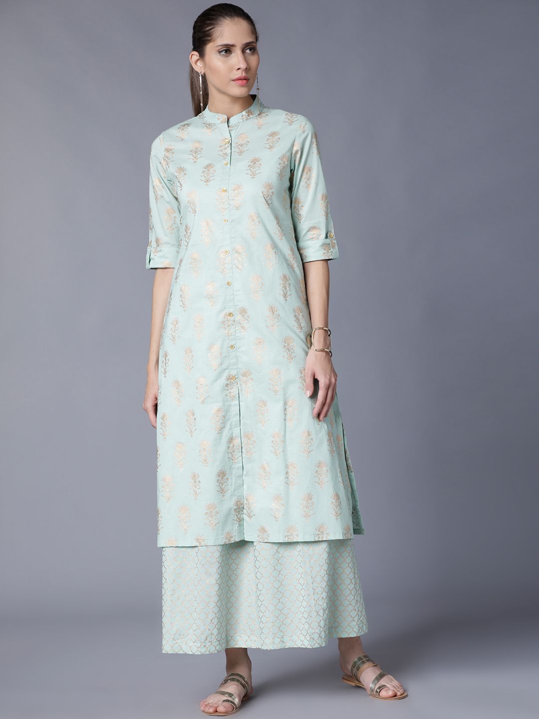 Vishudh Women Turquoise Blue & Gold-Toned Printed Kurta with Palazzos