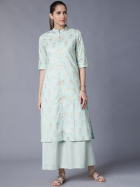 Vishudh Women Turquoise Blue & Gold-Toned Printed Kurta with Palazzos