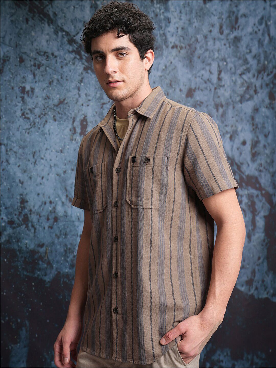 Locomotive Men Brown Mock Lino Dobby Textured Striped Utility Pocket Regular Shirt