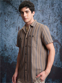 Locomotive Men Brown Mock Lino Dobby Textured Striped Utility Pocket Regular Shirt