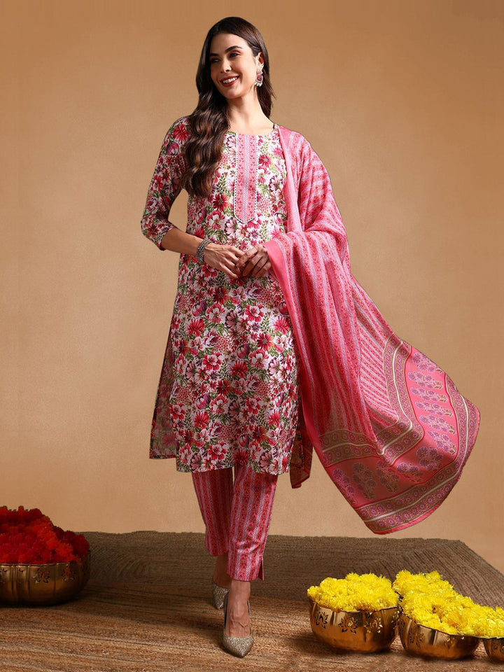 KALINI Floral Printed Round Neck Straight Kurta With Trousers & Dupatta