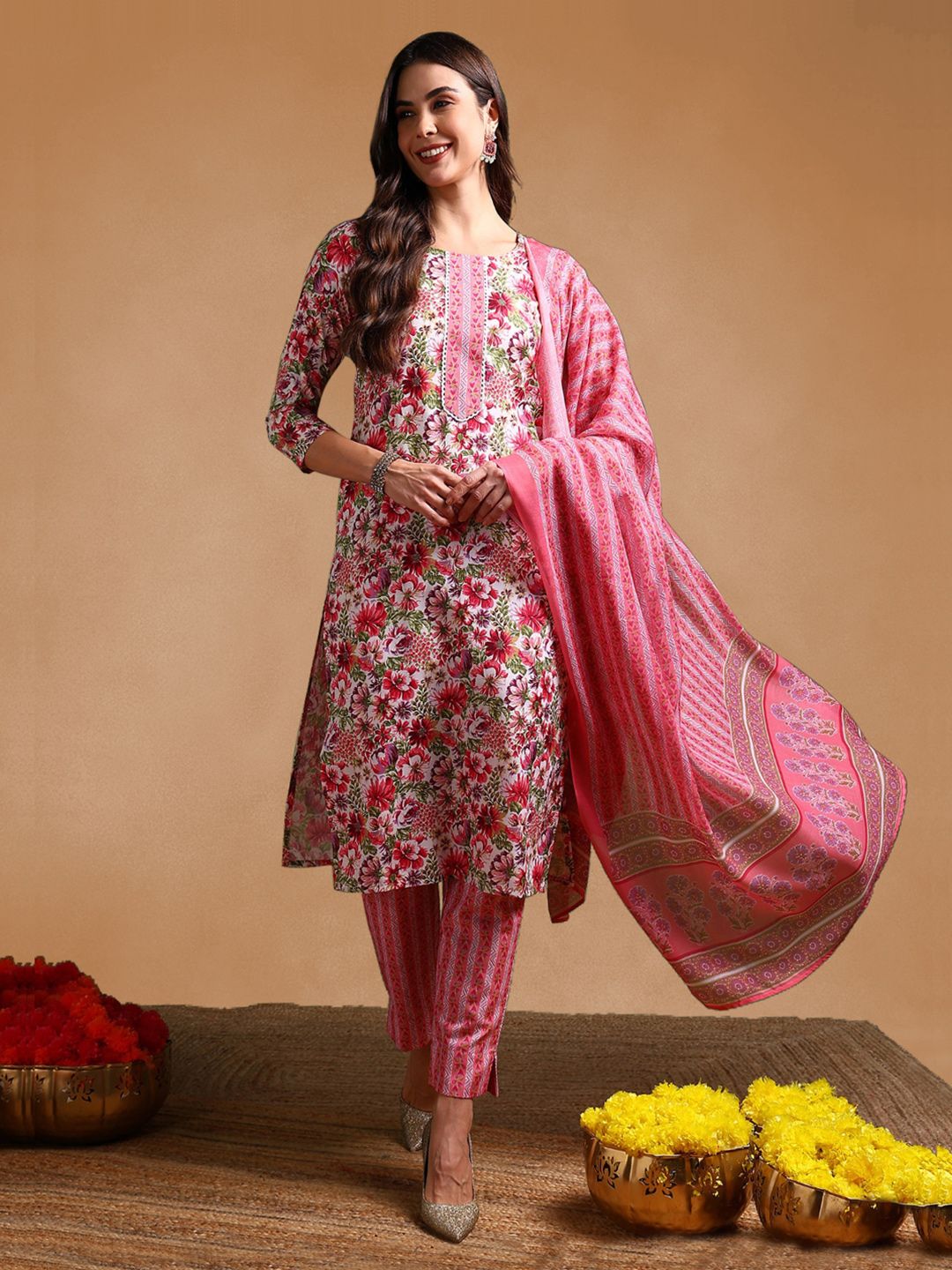 KALINI Floral Printed Round Neck Straight Kurta With Trousers & Dupatta