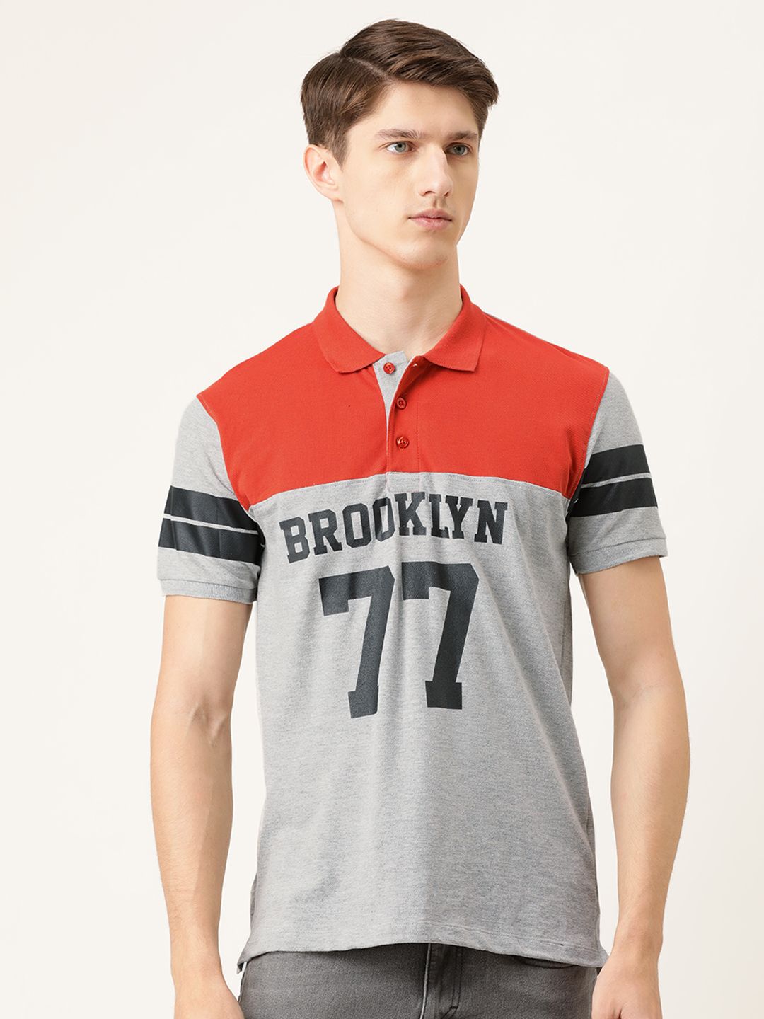 The Indian Garage Co Men Grey Melange & Orange Printed Polo Collar T-shirt