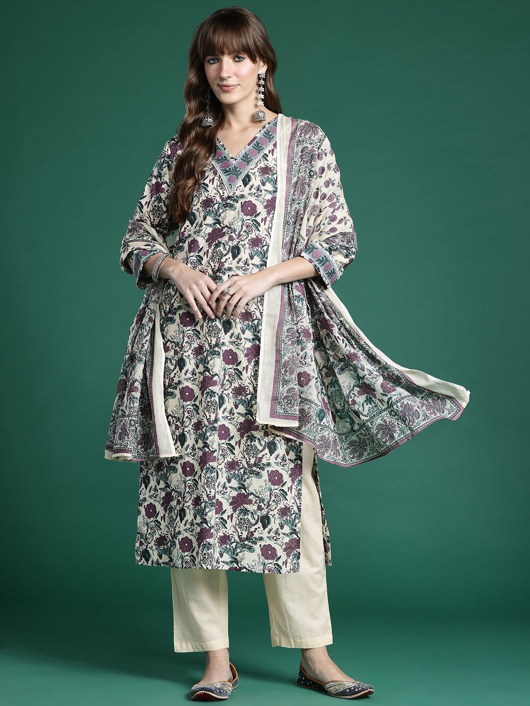 Indo Era Floral Printed Regular Pure Cotton Kurta with Trousers & Dupatta