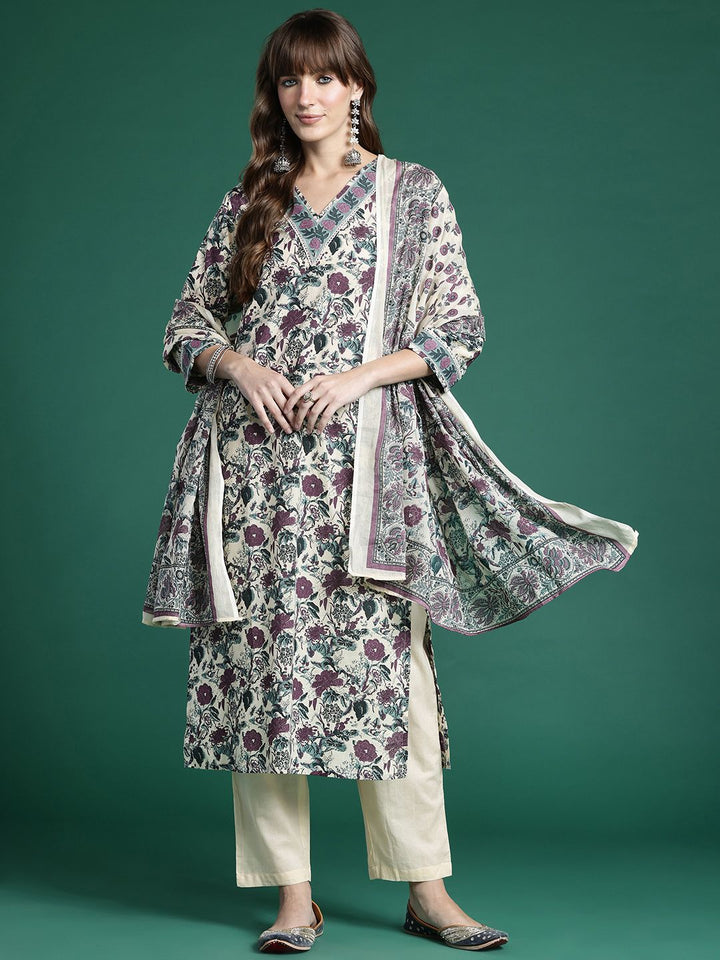 Indo Era Floral Printed Regular Pure Cotton Kurta with Trousers & Dupatta