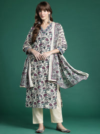 Indo Era Floral Printed Regular Pure Cotton Kurta with Trousers & Dupatta