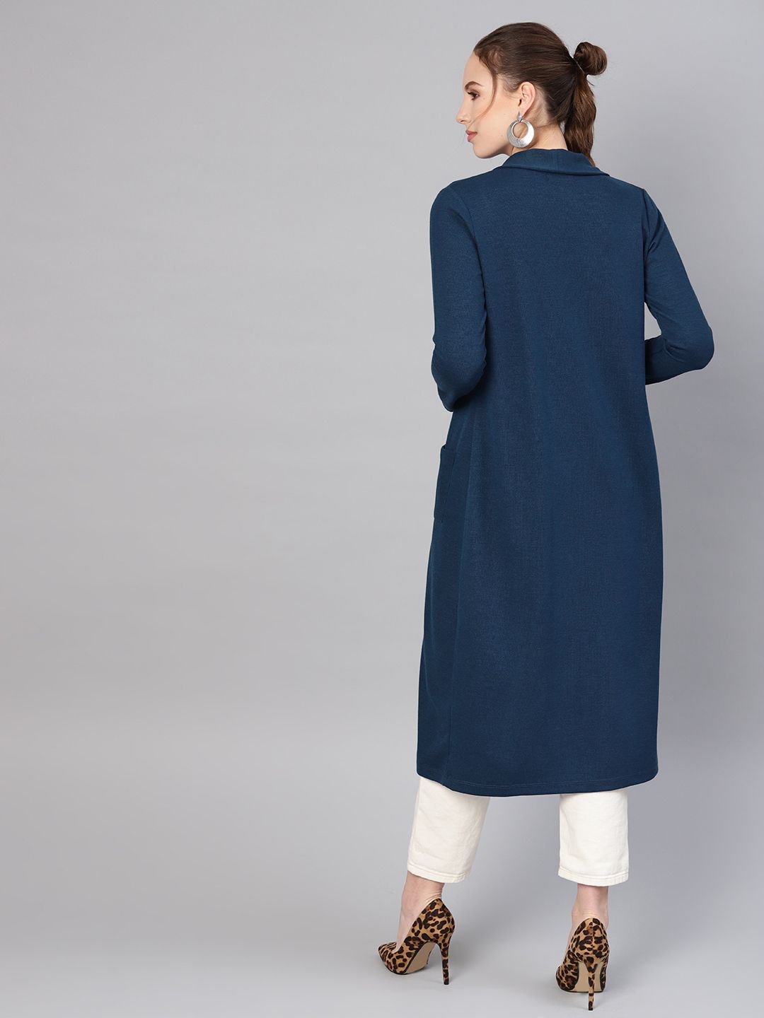 SASSAFRAS Women Teal Blue Longline Solid Open Front Winter Shrug