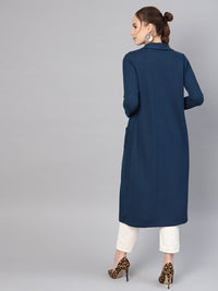 SASSAFRAS Women Teal Blue Longline Solid Open Front Winter Shrug