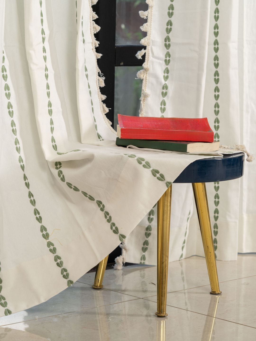 URBAN SPACE White & Green Embroidered Door Curtain