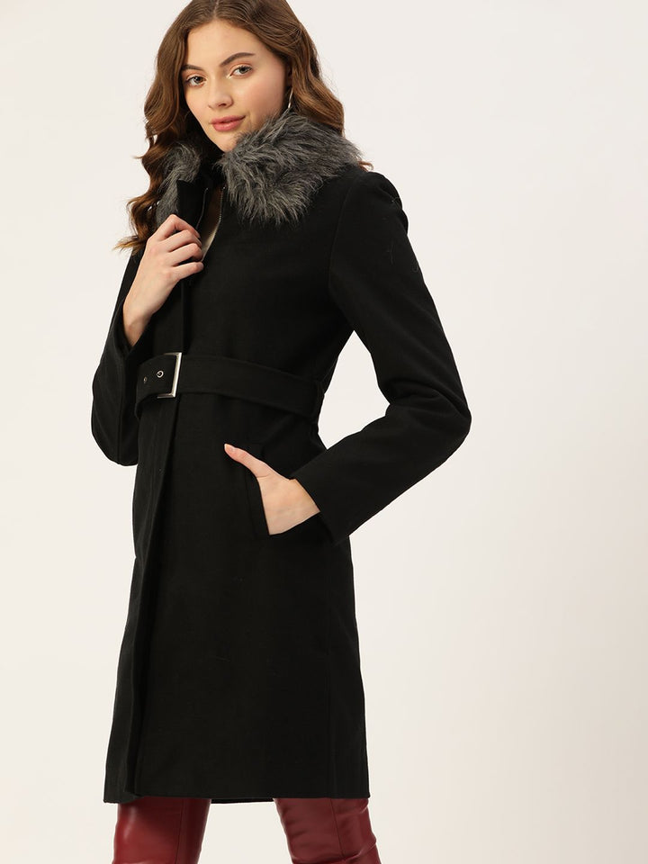 DressBerry Women Black Solid Faux Fur Collared Longline Overcoat