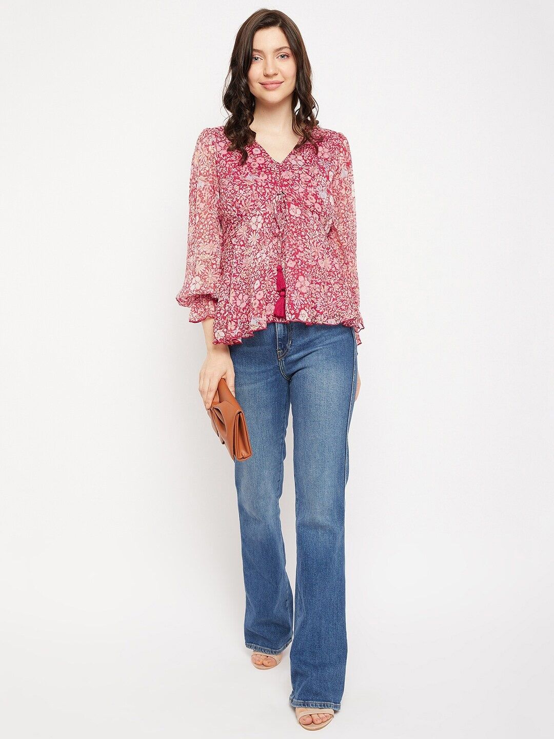 Antheaa Floral Printed Puff Sleeve Peplum Top