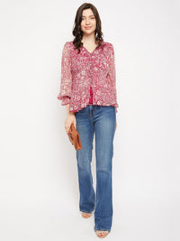 Antheaa Floral Printed Puff Sleeve Peplum Top
