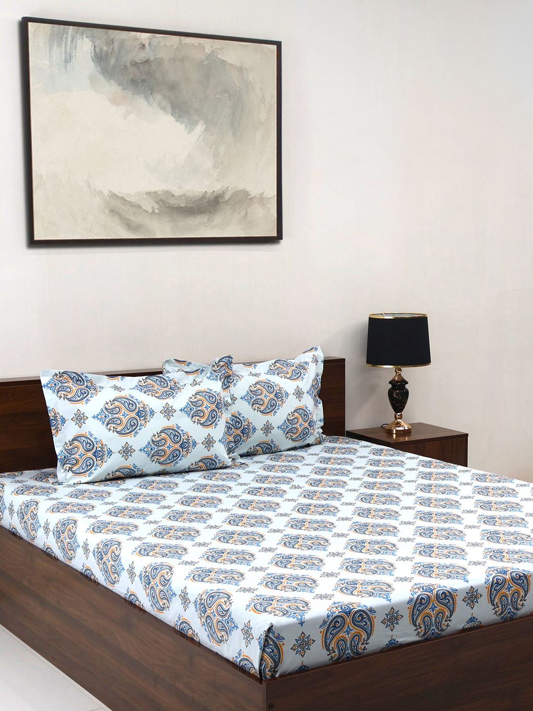 BOMBAY DYEING Cardinal Blue Floral Printed Cotton 120 TC Queen Bedsheet Set 2.54 x 2.24m