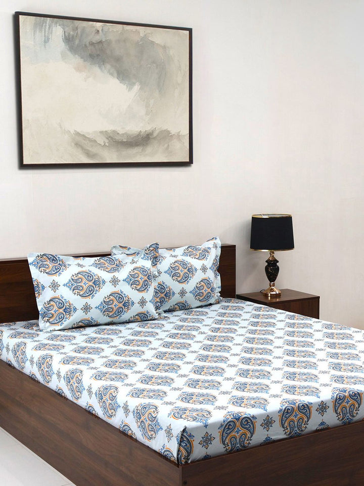 BOMBAY DYEING Cardinal Blue Floral Printed Cotton 120 TC Queen Bedsheet Set 2.54 x 2.24m
