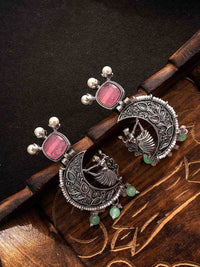 PANASH Silver-Plated Stones Studded And Beaded Contemporary Shaped Oxidized Drop Earrings
