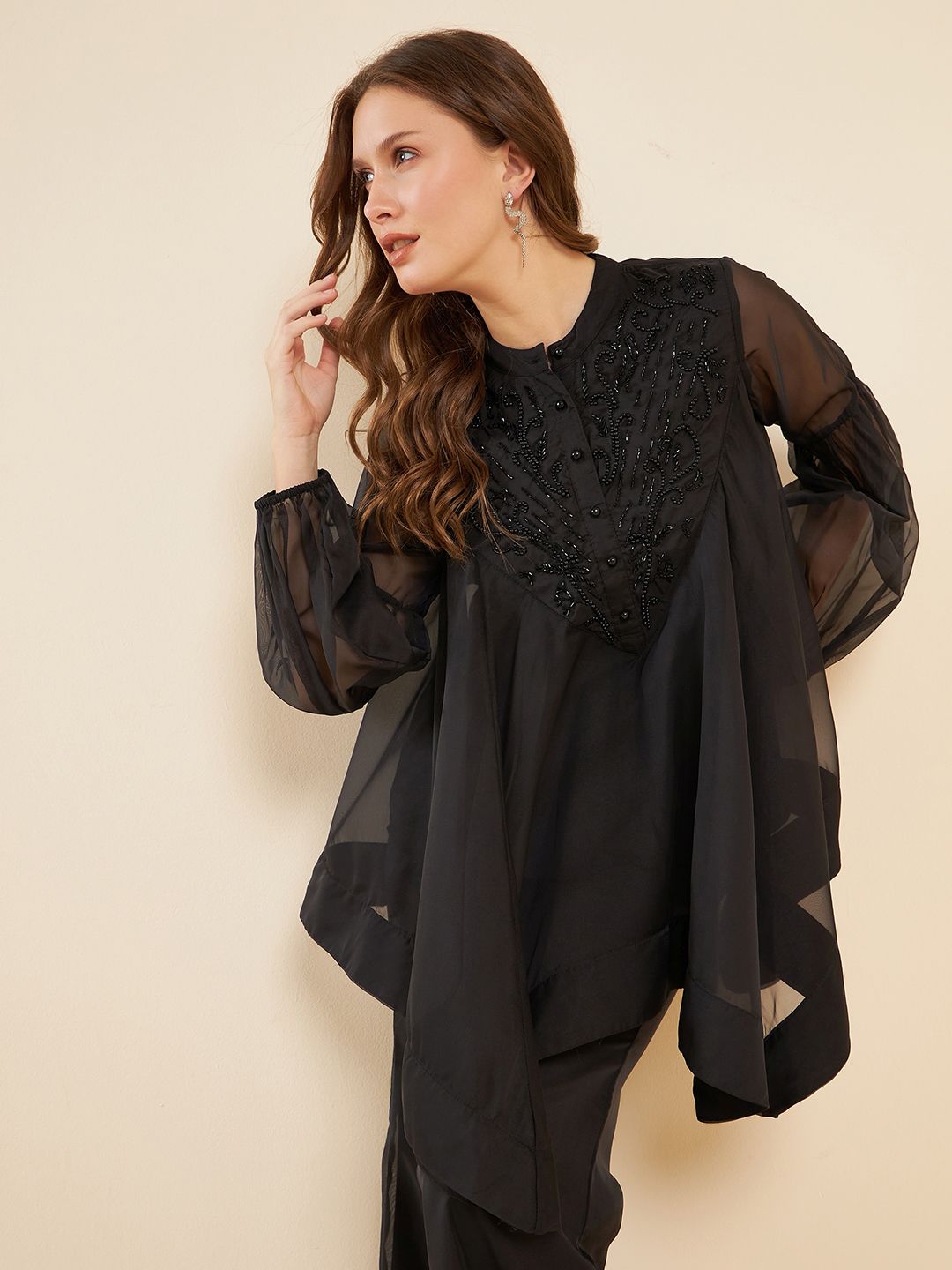 Antheaa Black Embellished Mandarin Collar Asymmetric Hem Organza Tunic With Palazzos
