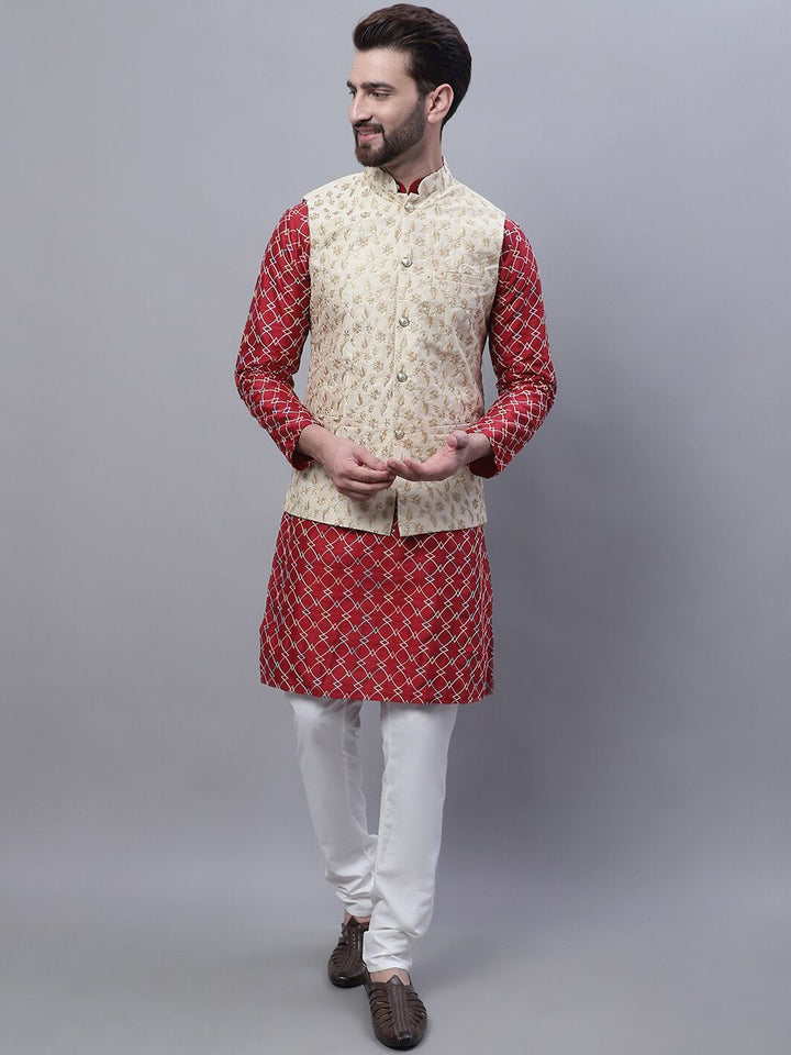 SOJANYA Embroidered Mandarin Collar Kurta with Pyjamas & Nahru Jacket