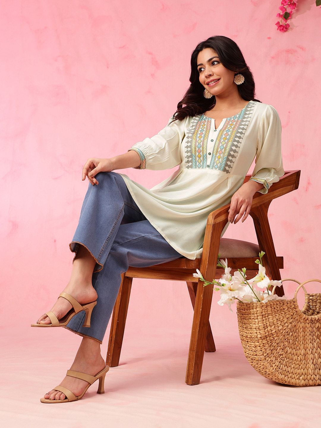 Anouk Off White Floral Embroidered Thread Work Pure Cotton A-Line Short Kurti
