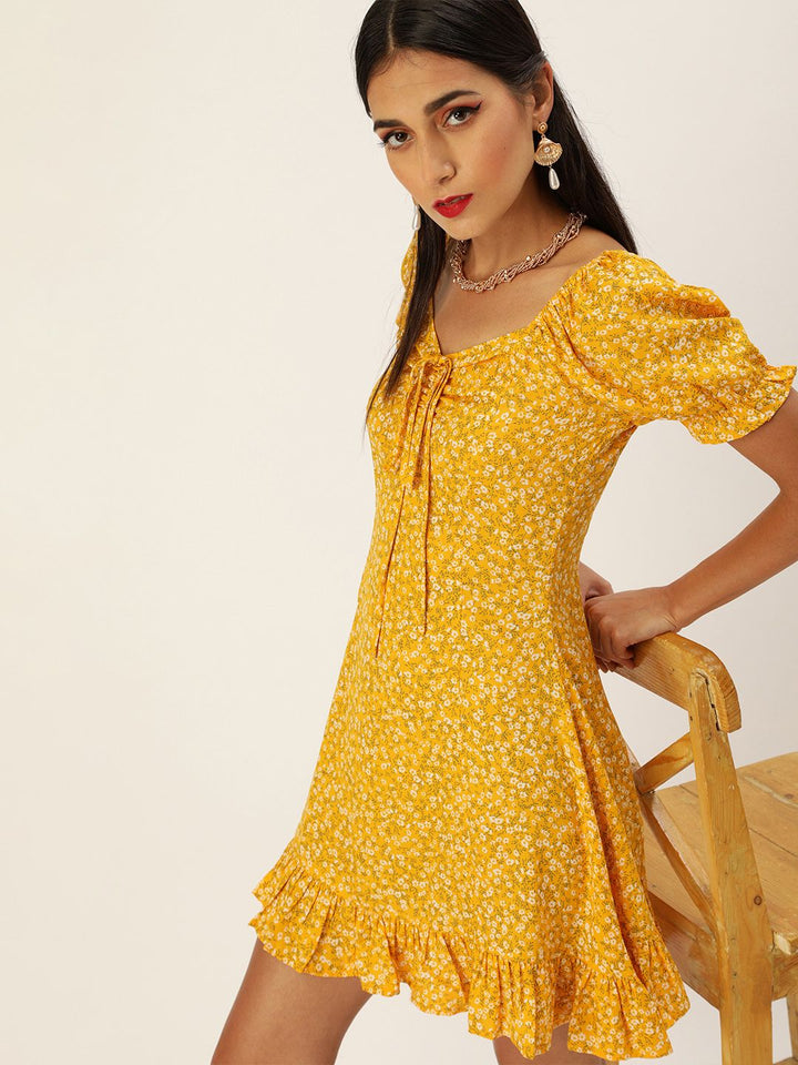 Berrylush Women Yellow & White Floral Printed Ruffled A-Line Dress with Tie-Up Detail