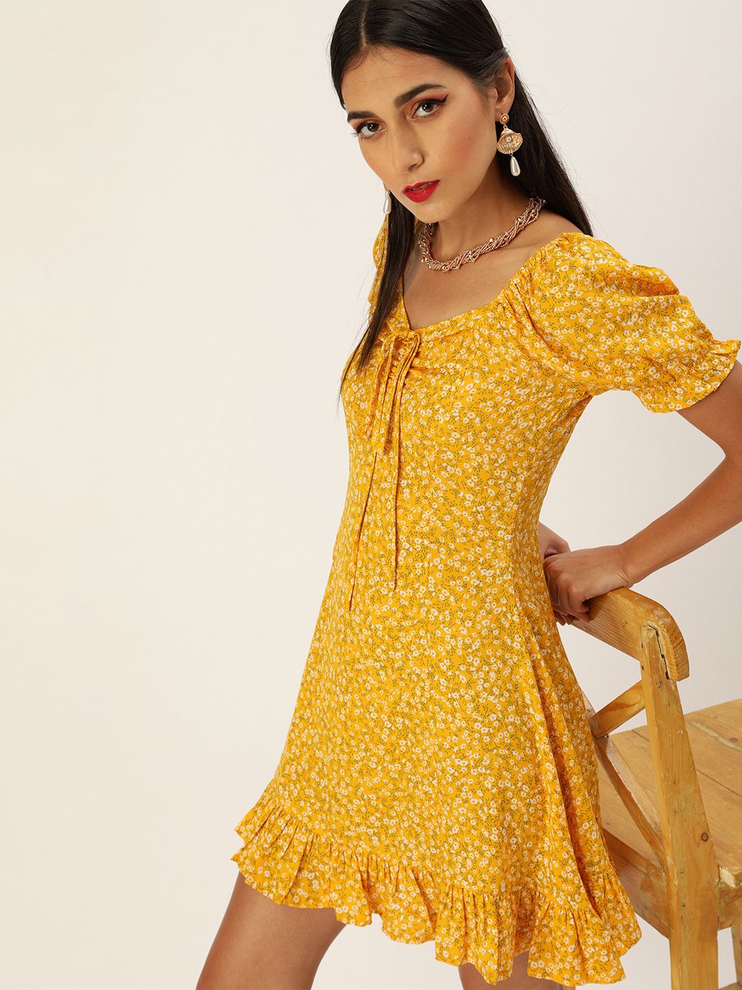 Berrylush Women Yellow & White Floral Printed Ruffled A-Line Dress with Tie-Up Detail