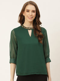all about you Green Jewel Neck Puff Sleeve Regular Top