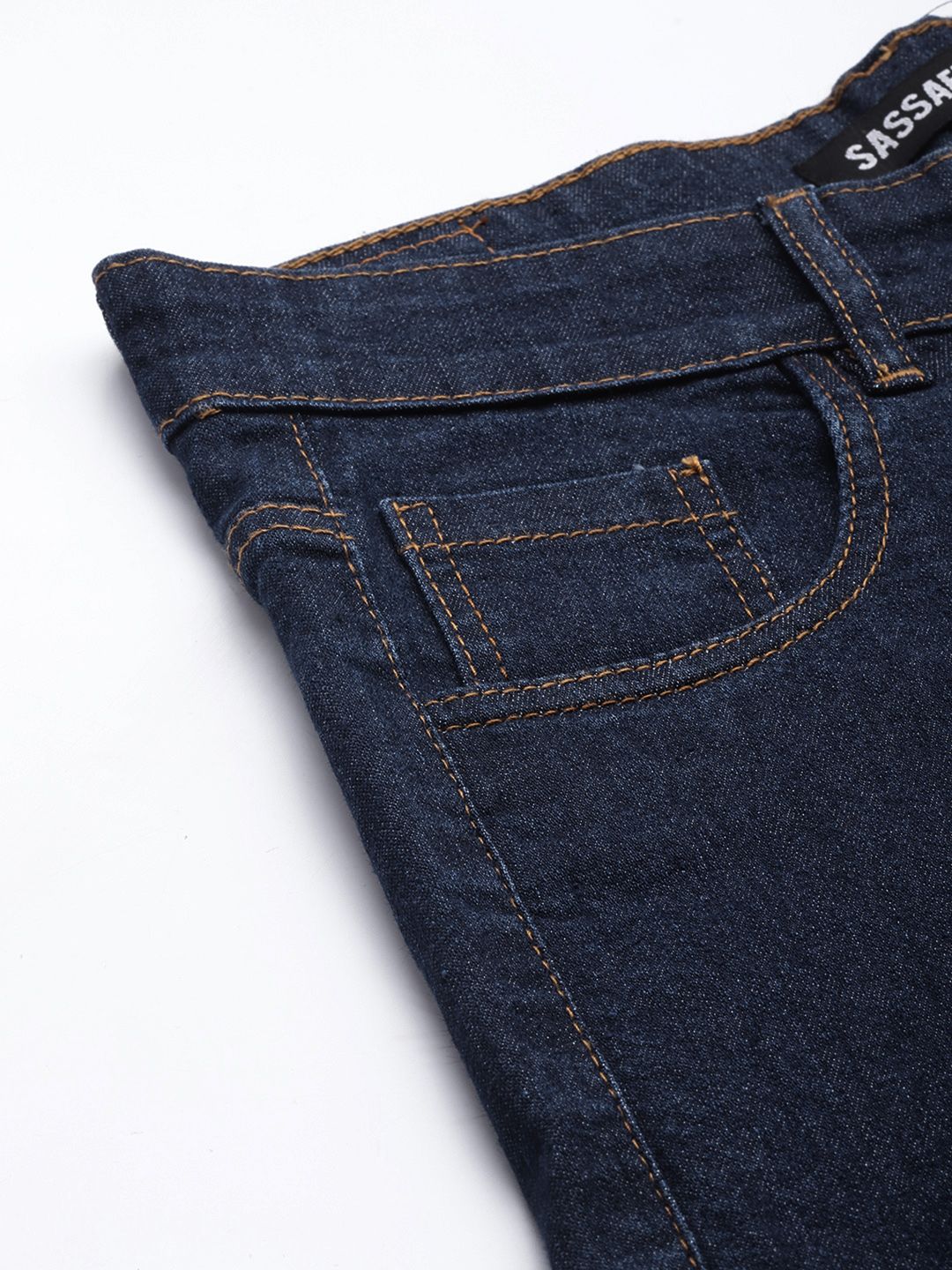 SASSAFRAS Women Navy Blue Straight Fit Contrast Stitch Detail High-Rise Stretchable Jeans