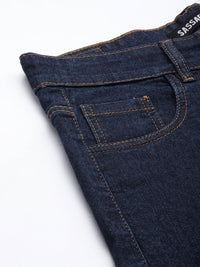 SASSAFRAS Women Navy Blue Straight Fit Contrast Stitch Detail High-Rise Stretchable Jeans