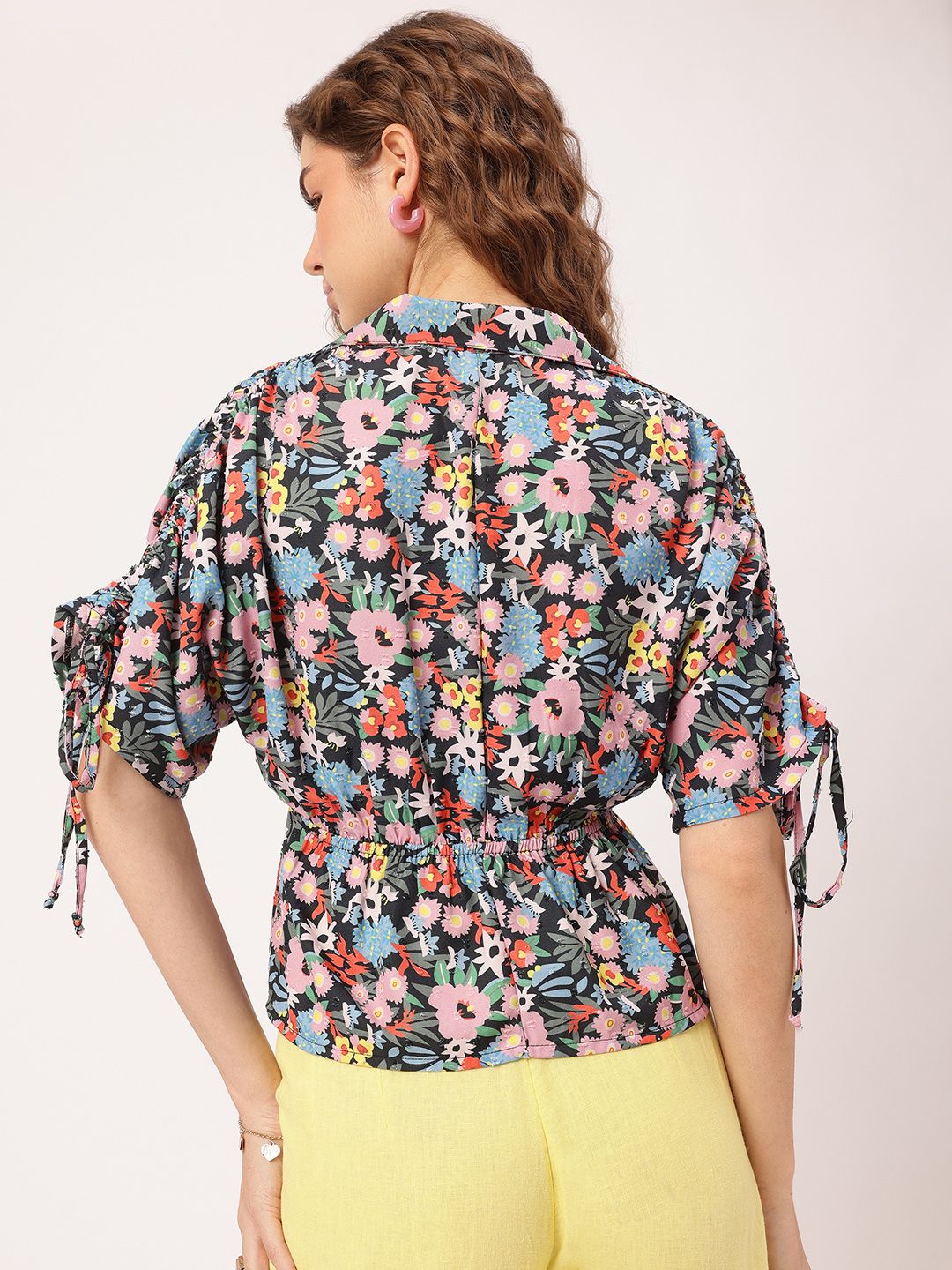 DressBerry Floral Allure Printed Dobby Weave Cinched Waist Top