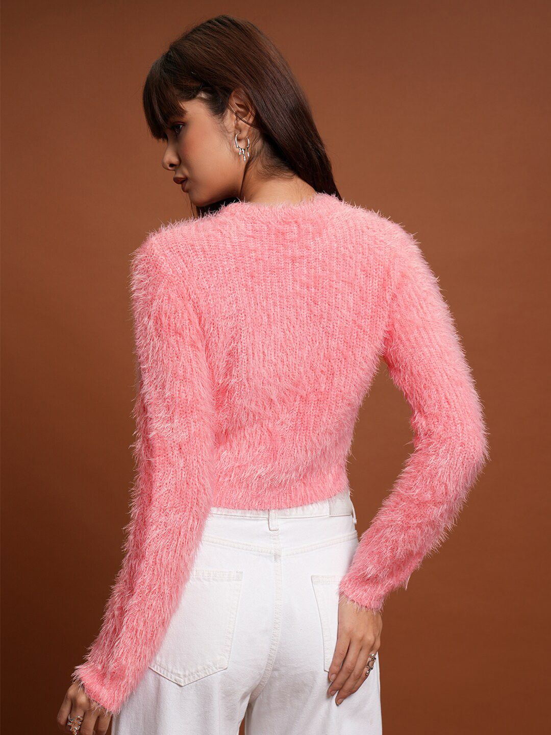 Tokyo Talkies Pink Self Design Acrylic Crop Pullover