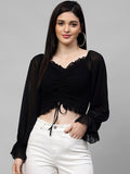 Athena Black Bell Sleeves Georgette Crop Top